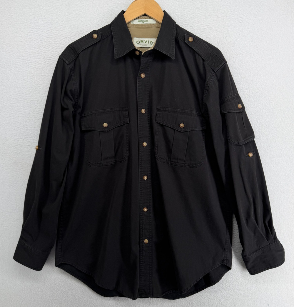 ORVIS Shirt Mens M Cotton Canvas Utility Button Up Roll Tab Sleeve Black